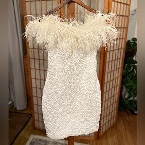 Betsy & Adam Cream Feathered Dress